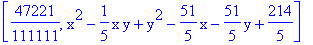 [47221/111111, x^2-1/5*x*y+y^2-51/5*x-51/5*y+214/5]